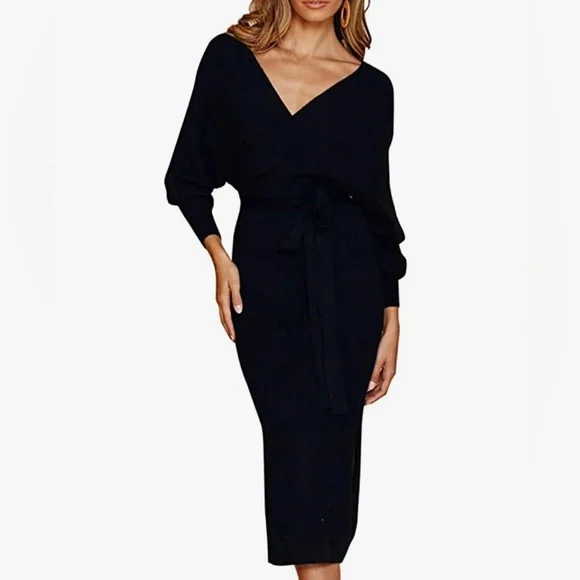 Ferlema Women's V Neck Belted Long Batwing Sleeves Party Knit Sweater Dress - Picture 1 of 4